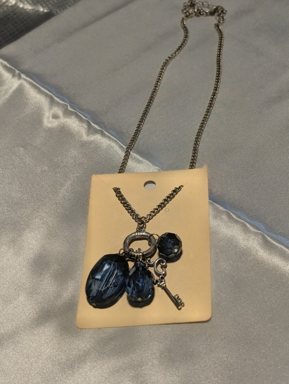 Vintage Style Antique Bronze Key & Blue Faceted Crystal Charm Necklace